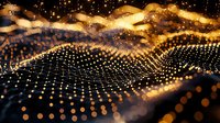 Abstract golden light waves with glowing particles and bokeh effect creating dynamic flowing network pattern against dark background.