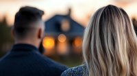 Young couple looking at their dream house during sunset, with warm glowing windows and romantic bokeh lights creating cozy atmosphere. Real estate concept.