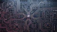 Dark circuit board with intricate electronic pathways and microchips in purple and blue tones for technology and computing design projects.
