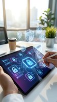Hands holding tablet displaying glowing digital lock icons and shield symbols representing cybersecurity, data protection, and network security in modern office environment.