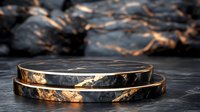 Luxurious black marble podium with gold accents on dark background. Round display platform features elegant layered design for product presentation.