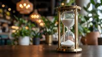 Vintage brass hourglass with white sand on wooden table in cozy cafe with warm bokeh lights and green plants creating atmospheric time concept background.