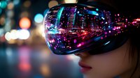 Futuristic cityscape reflection in VR headset with neon lights and bokeh effects, showing modern urban nightlife through augmented reality lens.