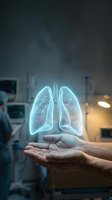 Holographic lungs floating above cupped hands in medical setting representing respiratory health care and pulmonology treatment concepts.
