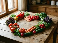 Fresh organic vegetables arranged in heart shape on rustic wooden table in cozy kitchen interior for healthy eating and nutrition concept.