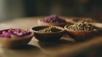 Aromatic dried herbs and flower petals in rustic wooden bowls on textured surface, moody natural lighting creates atmospheric composition for wellness and herbal tea concepts.
