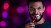 Young mixed race man with beard smiling while holding red candy cane against purple and pink bokeh background, expressing joy and holiday spirit.