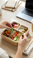Female hands holding wooden meal prep container with fresh vegetables, grains, and fruits at office desk with laptop and notebooks for healthy eating and work lunch concepts.