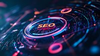 Futuristic digital technology concept with glowing SEO text in neon pink and blue colors against dark background with circular elements and network connections.