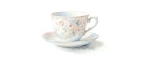 Watercolor teacup and saucer with delicate pink floral pattern on white background, elegant porcelain dinnerware for tea time and kitchen decor projects.