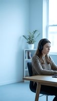 Young woman of mixed ethnicity wearing headphones, seated at wooden desk in minimalist office space with potted plant and bright window light, focused on work or online learning.