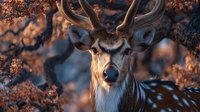 Majestic deer with antlers in autumn forest at sunset, close-up portrait showing detailed facial features against blurred orange foliage background.