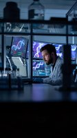 Male scientist analyzing DNA data on multiple computer screens in modern laboratory at night for genetic research and biotechnology applications.