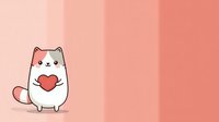 Adorable kawaii cat character holding red heart on coral gradient background. Cute cartoon pet mascot for Valentine's Day, love themes, greeting cards.