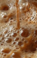 Pouring coffee creates frothy bubbles and foam in close-up, showing rich caramel-colored liquid with varying bubble sizes for food and beverage marketing.