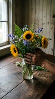 Person holding glass vase with sunflowers, fern, and blue wildflowers on wooden table by window. Rustic floral arrangement for home decor, gardening, and lifestyle content.