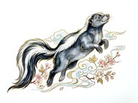 Ferret standing on hind legs with flowing tail, surrounded by decorative floral elements and swirling clouds, isolated on white background for design use.