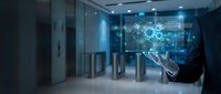 Businessman in server room touching digital network interface with glowing gear icons and data visualization, representing cloud computing, IT infrastructure, and technology innovation.