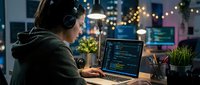 Young female programmer coding on laptop in cozy home office with Christmas lights creating warm festive atmosphere during evening work session.