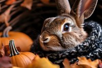 Adorable brown rabbit with bright blue eyes nestled in cozy knit scarf among autumn pumpkins and fallen leaves, creating warm seasonal atmosphere.