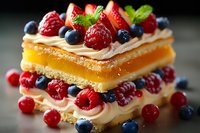 Fresh berry mille-feuille with layers of crispy puff pastry, vanilla cream, raspberries, blueberries, and mint leaves on dark background. For food blogs and menus.