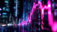 Glowing pink and blue digital market data visualization with binary code matrix background showing financial trading analytics and statistics.