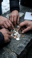 Male hands counting coins on stone surface with currency and notebook, depicting financial hardship, poverty, budgeting or money management.
