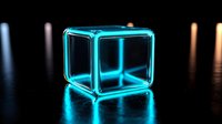 Glowing neon blue cube shape on dark background with reflection, modern minimalist design element for technology and futuristic concepts.