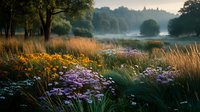 Tranquil autumn meadow with purple wildflowers and golden grasses beside misty river at dawn. Natural landscape for wellness and outdoor lifestyle content.