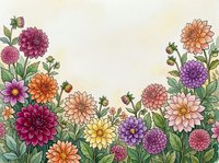 Colorful dahlia flowers border frame with green leaves on light background for greeting cards, invitations and floral design projects.