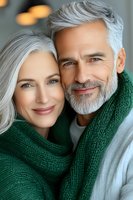 Mature couple with silver hair wearing green knit scarves share intimate moment. Close-up portrait showing genuine smiles and natural aging gracefully for lifestyle advertising.