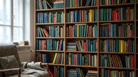 Cozy home library with floor-to-ceiling wooden bookshelves filled with colorful books, comfortable reading chair and natural window light for study space.