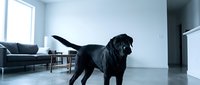 Black Labrador retriever dog standing in modern minimalist living room with gray sofa and white walls, perfect for pet care and home lifestyle content.