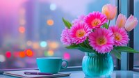 Pink gerbera daisies and tulips in turquoise vase near window with bokeh lights and coffee cup, creating cozy morning atmosphere for lifestyle and home decor.