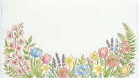 Watercolor spring floral border with tulips, roses, daffodils, lavender and ferns on white background, copy space for greeting cards.