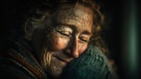 Elderly Caucasian woman with weathered face and gray hair wrapped in knitted scarf, showing deep wrinkles and life experience in warm indoor lighting.