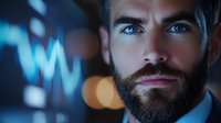 Close up portrait of bearded Caucasian businessman with intense blue eyes in dark environment with blurred stock market chart and city lights in background.