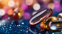 Glittering vitamin supplements and omega capsules on sparkly blue surface with colorful bokeh lights background creating magical health concept.