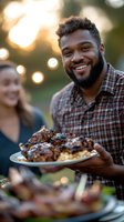 Young African American man with beard smiling while holding plate of grilled meat at outdoor summer barbecue party with bokeh lights and friends in background.