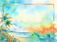 Watercolor tropical beach sunset with palm trees, golden frame border, and vibrant gradient sky transitioning from blue to orange, isolated on white background for design projects.
