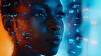 Young African American woman with futuristic digital overlay effects and neon blue orange lighting for technology concepts and sci-fi themes.