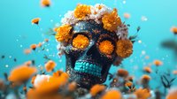 Dark skull adorned with vibrant orange marigold flowers against turquoise background, floating petals create mystical atmosphere for Day of Dead celebration art.