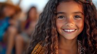 Young mixed race girl with curly hair and bright smile wearing orange top looking at camera with natural lighting and blurred background, positive childhood portrait.