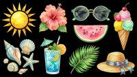 Bright summer collection with sun, pink hibiscus flower, green sunglasses, ice cream cone, seashells, starfish, tropical cocktail, watermelon slice, palm leaf and straw hat isolated on transparent background. Ready for t-shirt designs, clipart, stickers and print-on-demand products.