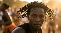 Young African American man with dreadlocks in golden hour sunlight, urban lifestyle portrait with warm bokeh background for contemporary design projects.