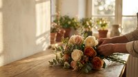 Hands arranging fresh rose bouquet on wooden table in sunlit room with potted plants creating warm domestic atmosphere for home decor and floral design.