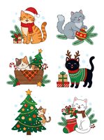 Festive cats wearing holiday costumes and surrounded by Christmas decorations, gifts, and evergreen branches on isolated white background. Perfect for seasonal greeting cards, t-shirts, and holiday designs.