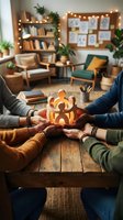 Group of diverse people holding illuminated decorative lantern together at wooden table in cozy living room with warm string lights, plants, and comfortable seating for teamwork and togetherness concepts.
