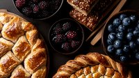 Fresh baked pastries, croissants and sweet braided bread served with ripe blackberries and blueberries in black bowls on rustic wooden background, top view.