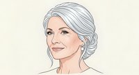 Mature woman with silver gray hair styled in elegant updo, fair complexion, subtle makeup, professional appearance on isolated beige background for design use.